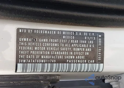 2013 Volkswagen Beetle 2.0T из США, поврежденный, VIN 3VW7A7AT6DM811749